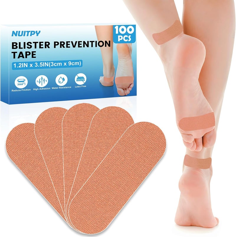NUITPY 100 PCS Blister Prevention Tape, 1.2in x 3.5in Blister Tape, Precut Blister Bandages for Toes, Heels, Foot Surfaces, Fingers - Skin Color - Image 1